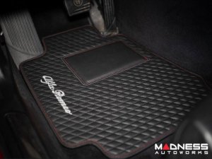 Alfa Romeo Giulia Floor Mats - Italian Leather - Front - Black w/ Red Stitching - White Script